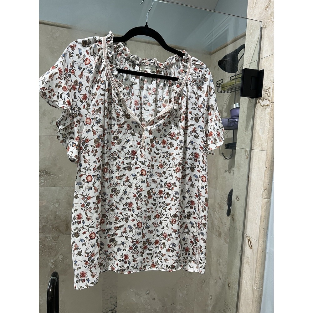 Max Studio Ditzy Floral Bird Print V-Neck Blouse XL Ivory Pink 9705D36